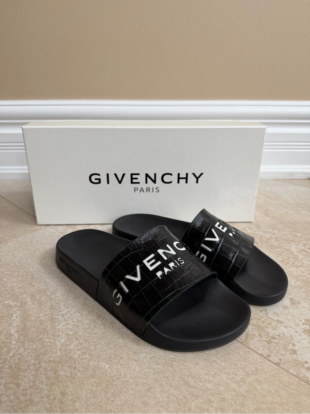 Givenchy Black Croc-Embossed Logo Slide Sandals